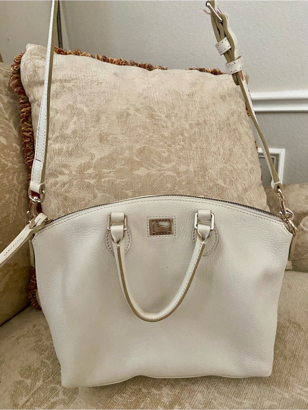 Dooney & Bourke Cream Leather Dome Satchel with Crossbody Strap